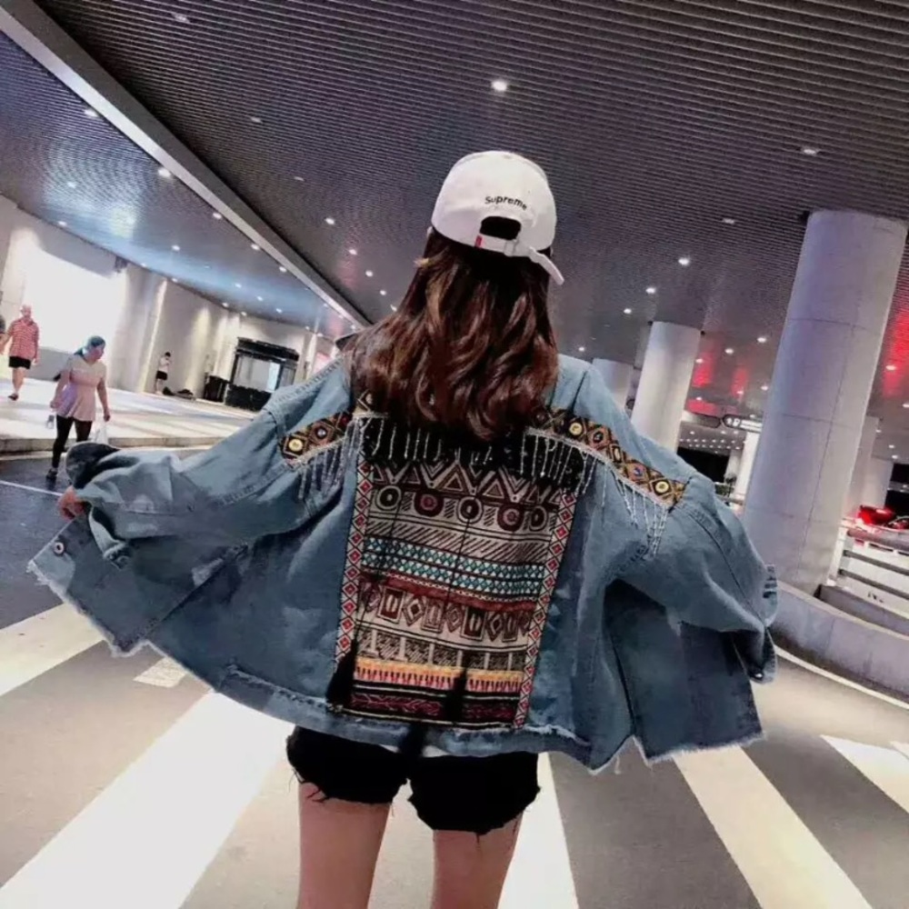 New Bohemian Western Embroidered Oversized Denim Jean Jacket - Picture 6 of 8